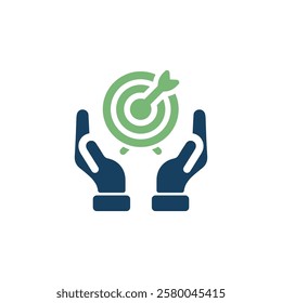 A creatively designed vector icon that illustrates a target symbol being held by hands, effectively representing the strategic goals and objectives in both business and project management contexts