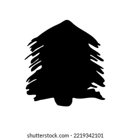 Creatively drawn spruce, Christmas tree. Black silhouette, simple shape, interesting presentation. 
Vector with the effect of a hand-drawn Christmas tree. Black icon.