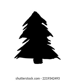 Creatively drawn spruce, Christmas tree. Black silhouette, simple shape, interesting presentation. 
Vector with the effect of a hand-drawn Christmas tree. Black icon.
