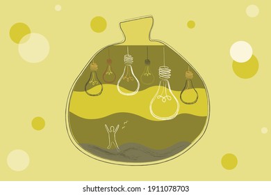 A creatively shaped vase with some lightbulbs and a human inside. 