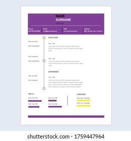 Creative,Professional,Vector minimalist cv / resume template.Displaying your profile.