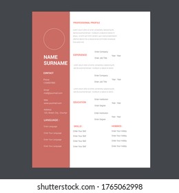 Creative,Professional,Vector minimalist cv / resume template.Displaying your profile.