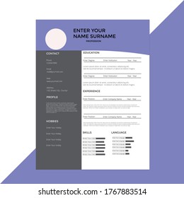 Creative,Professional,Vector minimalist cv / resume template.Displaying your profile.