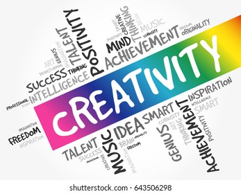 Creativity is the ability to generate new, original ideas, solutions, or approaches by thinking outside the box, word cloud concept background