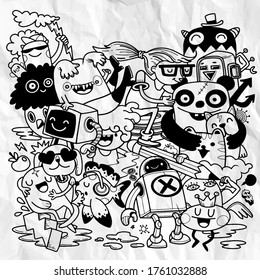 Creativity Activities Funny Doodle Cartoon Set . Vector Hand Drawn Illustration Pattern.