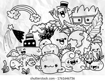 Creativity Activities Funny Doodle Cartoon Set . Vector Hand Drawn Illustration Pattern.