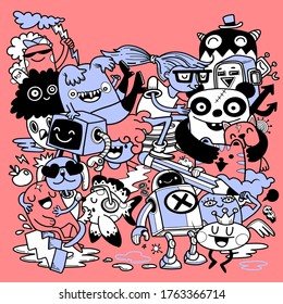Creativity Activities Funny Doodle Cartoon Set . Vector Hand Drawn Illustration Pattern.