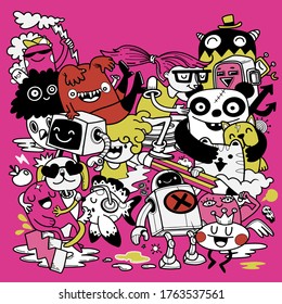 Creativity Activities Funny Doodle Cartoon Set . Vector Hand Drawn Illustration Pattern.