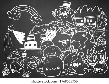 Kreativität Aktivitäten Funny Doodle Cartoon Set . Vektorhandgezeichnetes Illustrationsmuster.
