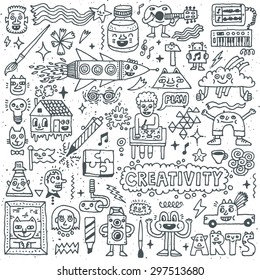 Creativity Activities Funny Doodle Cartoon Set 1. Arts and Crafts. Vector Hand Drawn Illustration Pattern.