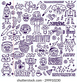 Creativity Activities Funny Doodle Cartoon Set 2. Arts and Crafts. Vector Hand Drawn Illustration. School Notebook Pattern.