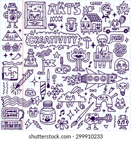 Creativity Activities Funny Doodle Cartoon Set 1. Arts and Crafts. Vector Hand Drawn Illustration. School Notebook Pattern.