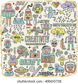 Creativity Activities Funny Doodle Cartoon Set 2. Arts and Crafts. Hand drawn illustration. Vintage Texture.  