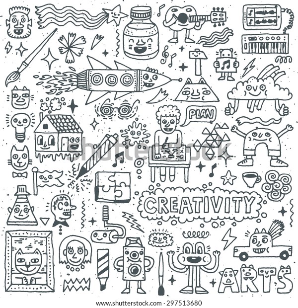 Creativity Activities Funny
Doodle Cartoon Set 1. Arts and Crafts. Vector Hand Drawn
Illustration
Pattern.