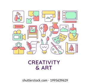 Creativity, art abstract color concept layout with headline. Artistic skill. Potential development. Hobby activity. Inspiration creative idea. Isolated vector filled contour icons for web background