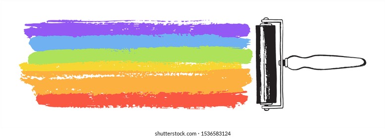 Creativity, art illustration. Rainbow LGBT colors vector striped brush stroke, painted stripes with rubber roller. Hand drawn background, text frame, banner. Colorful streaks, rough textured bars