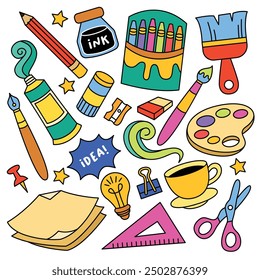 Creativity and art materials hand drawn in doodle style