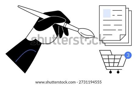 Creativity, art, online shopping, digital workflow, notifications, content creation. A hand holding a paintbrush near documents and a shopping cart icon. Creativity and online shopping