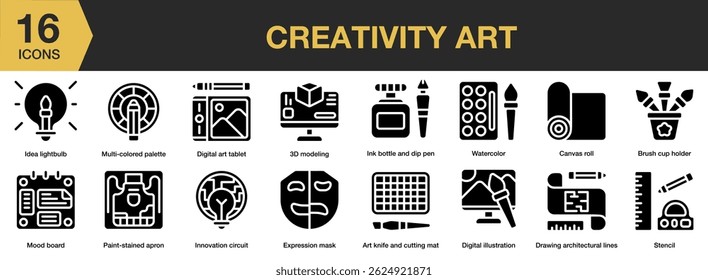 Creativity Art solid icon set. Includes art, creative, poster, pattern, graphic, contemporary, and More. Solid icons vector collection.