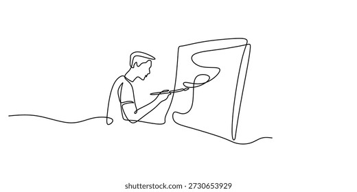 Ilustración vectorial conceptual de creatividad e inspiración artística. Artista trabajando en un solo dibujo de línea continua de lienzo.