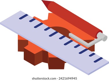 Creativity or artwork Kit isometric concept, Ruler, Pencil and Cogwheel vector flat design, Web design and Development symbol, user interface or graphic sign, website engineering illustration