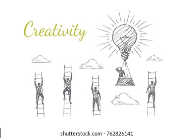 Creativity. Balloon in the form of a light bulb is flying the sky. Men compete by climbing higher up the stairs. Vector illustration, business concept, hand drawn sketch.