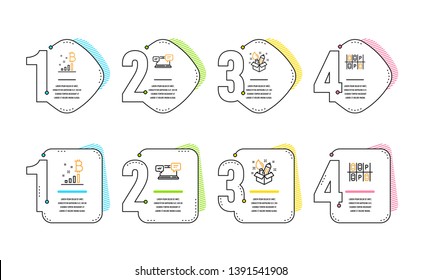 Creativity, Bitcoin graph and Internet chat icons simple set. Parking place sign. Design idea, Cryptocurrency analytics, Online communication. Transport. Infographic timeline. Line creativity icon