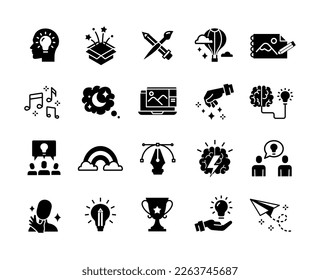 Juego de iconos negros de creatividad. Colección de elementos gráficos para el sitio web. Brainstorming y trabajo en equipo, perspicacia e idea, inspiración. Ilustraciones de caricaturas de vectores planos aisladas en fondo blanco