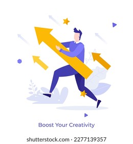 Creativity Boosting flat concept vector illustration. Running man with rising arrow. Business improvement cartoon character on white for web design. Creative idea for website, mobile and presentation