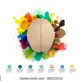 Creativity brain with watercolor splatter, Vector illustration modern design template