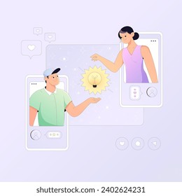 Creativity and brainstoming concept illustration. People generate ideas for social media marketing. Remote work from a mobile phone or computer. 