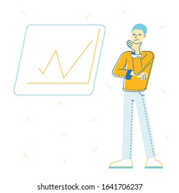 Creatividad, Brainstorm y Concepto de Imaginación. Solución de búsqueda de empleados de oficina creativa o de negocios, pensamiento de la idea de rascar el mentón en Rising Graph, ilustración de vectores planos de dibujos animados, arte de línea