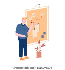 Creativity, Brainstorm and Imagination Concept. Thoughtful Businessman or Creative Employee Searching Solution, Thinking of Idea near Agile Board with Sticky Notes Cartoon Flat Vector Illustration