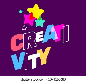 Creativity broken text colored rainbow with star concept. Vector creative illustration of multicolor creativity business word lettering typography on dark background. Flat style design for web, banner