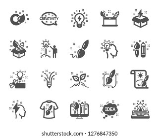 Creativity brush icons. Set of Design, Idea and Inspiration linear icons. Imagination, Idea box and Creative design. Brush with draw pencil, T shirt and Out of the box creativity. Vector