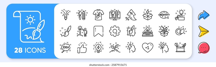 Creativity brush line icons. Interest rate, AI generate, Inflation icons. Set of Design, Idea and Inspiration linear icons. Imagination, Idea box and Creative design. Vector