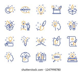 Creativity brush line icons. Set of Design, Idea and Inspiration linear icons. Imagination, Idea box and Creative design. Brush with draw pencil, T shirt and Out of the box creativity. Vector