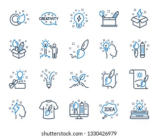 Creativity brush line icons. Set of Design, Idea and Inspiration linear icons. Imagination, Idea box and Creative design. Brush with draw pencil, T shirt and Out of the box creativity. Vector