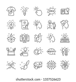 Creativity brush line icons. Set of Inspiration, Idea and Design linear icons. Imagination, Idea box and Creative design. Brush with draw pencil, T shirt and Out of the box creativity. Vector
