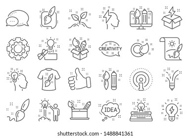 Creativity brush line icons. Set of Design, Idea and Inspiration linear icons. Imagination, Idea box and Creative design. Brush with draw pencil, T shirt and Out of the box creativity. Vector