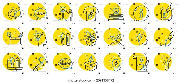 Creativity brush line icons. Set of Design, Idea and Inspiration linear icons. Imagination, Idea box and Creative design. Brush with draw pencil, T shirt and Out of the box creativity. Vector