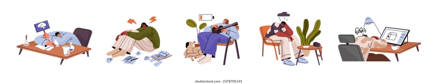 Creativity burnout, crisis set. Sad creative people with no inspiration, problems with imagination at work. Writer, musician in depression, frustration. Flat isolated vector illustration on white