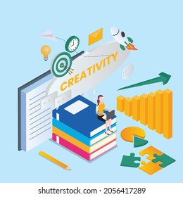 Creatividad en los negocios 3d concepto de ilustración vectorial isométrica para banner, sitio web, página de inicio, anuncios, plantilla de volante
