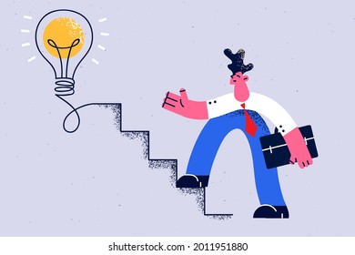 Creativity in business, brainstorm, new idea concept. Young positive businessman cartoon character starting walking on stairway to creative lightbulb vector illustration