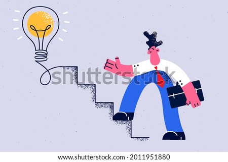 Creativity in business, brainstorm, new idea concept. Young positive businessman cartoon character starting walking on stairway to creative lightbulb vector illustration