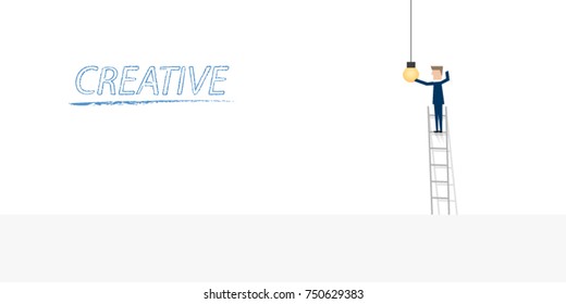 Creativity business concept with businessman standing on ladder getting the light bulb to light creative idea. Eps10 vector illustration.