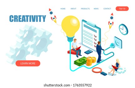 Creativity in business concept. Isometric vector of businesspeople team working cooperating having startup partnership. 