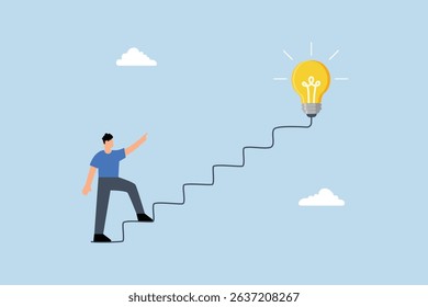 Creativity for business idea, businessman starts walking on power line like staircase to big idea bulb.
