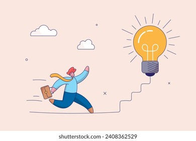 Creativity for business idea. Career path or goal achievement. Thinking and brainstorm for new idea or opportunity. Businessman start walking on electricity line as stairway to big idea lightbulb.