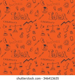 Creativity business idea doodle seamless pattern for your design project. Hand drawn vector illustration. Dark elements on orange background